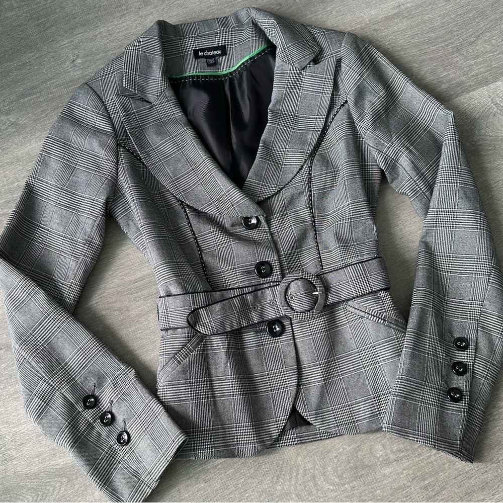 Vintage Le Chateau Women's Gray Plaid Blazer with belt